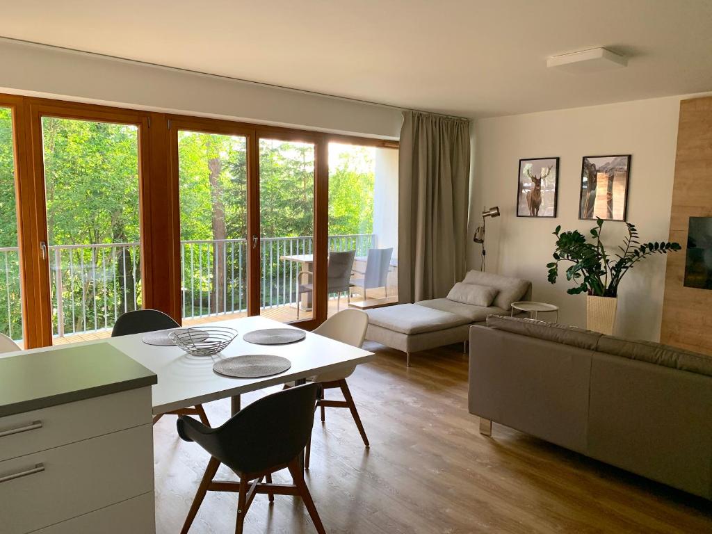 伏尔塔瓦河畔利普诺Lipno Port Apartment C101的厨房以及带桌椅的起居室。