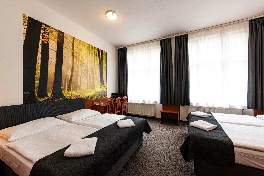 布拉格哲拉塔瓦哈酒店的酒店客房设有两张床和大窗户。