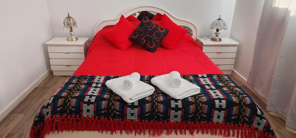 马德普拉塔Departamento con cochera Mar del Plata的一张红色的床,上面有两条白色的毛巾