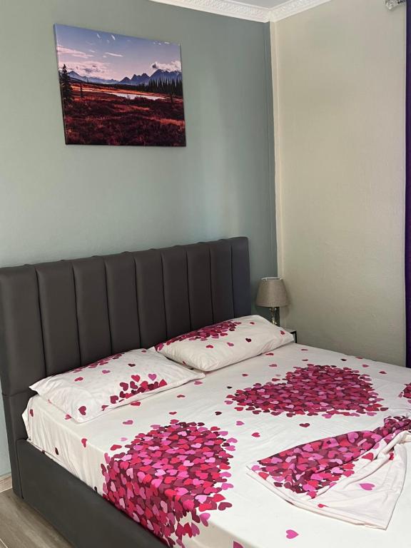 都拉斯VILA AARON的一张床上有一堆粉红色的心