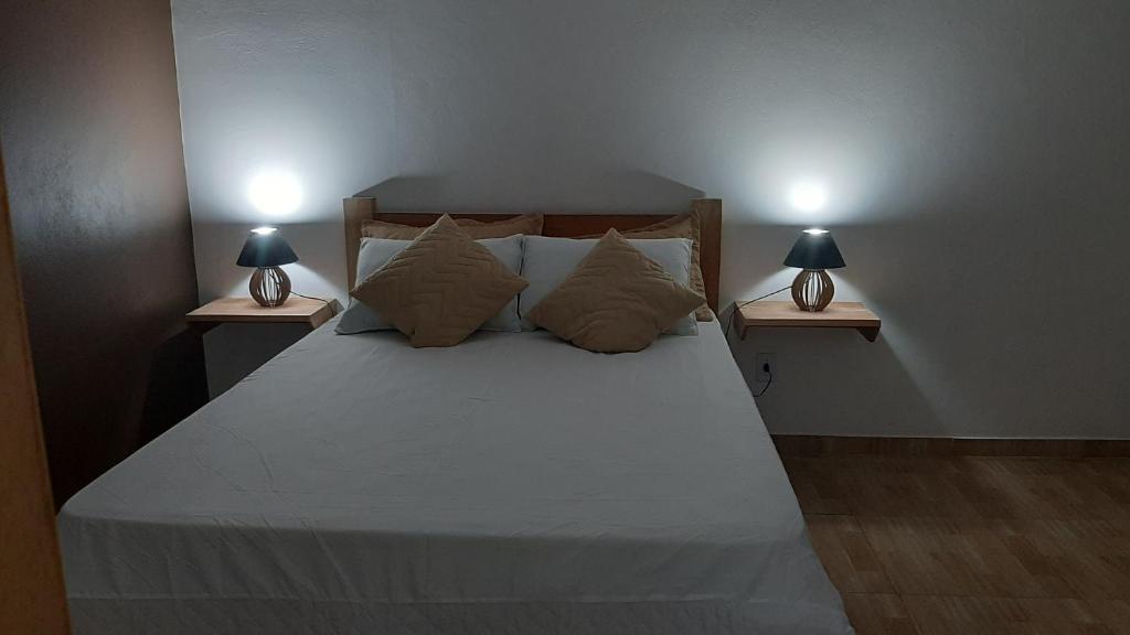 帕拉蒂Rancho Esperança, pouso e comida a lenha的一间卧室,两边都配有一张床和两盏灯