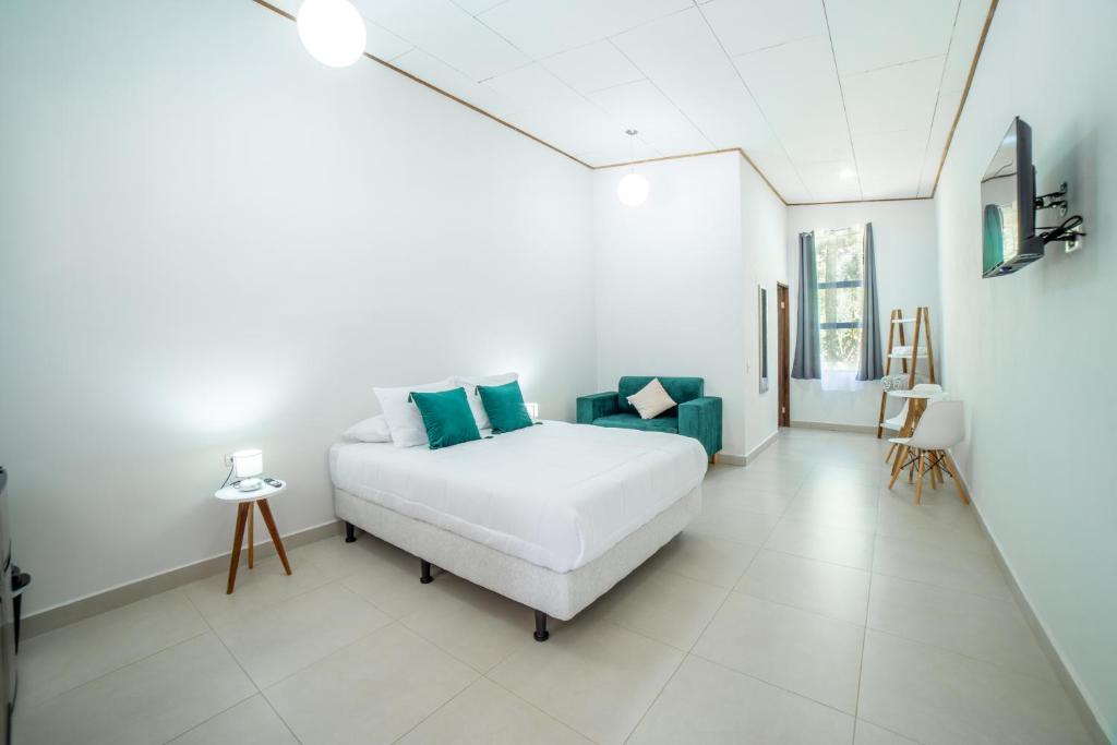 蒙泰韦尔德哥斯达黎加Natüra Hotel Monteverde的卧室配有白色的床和蓝色枕头