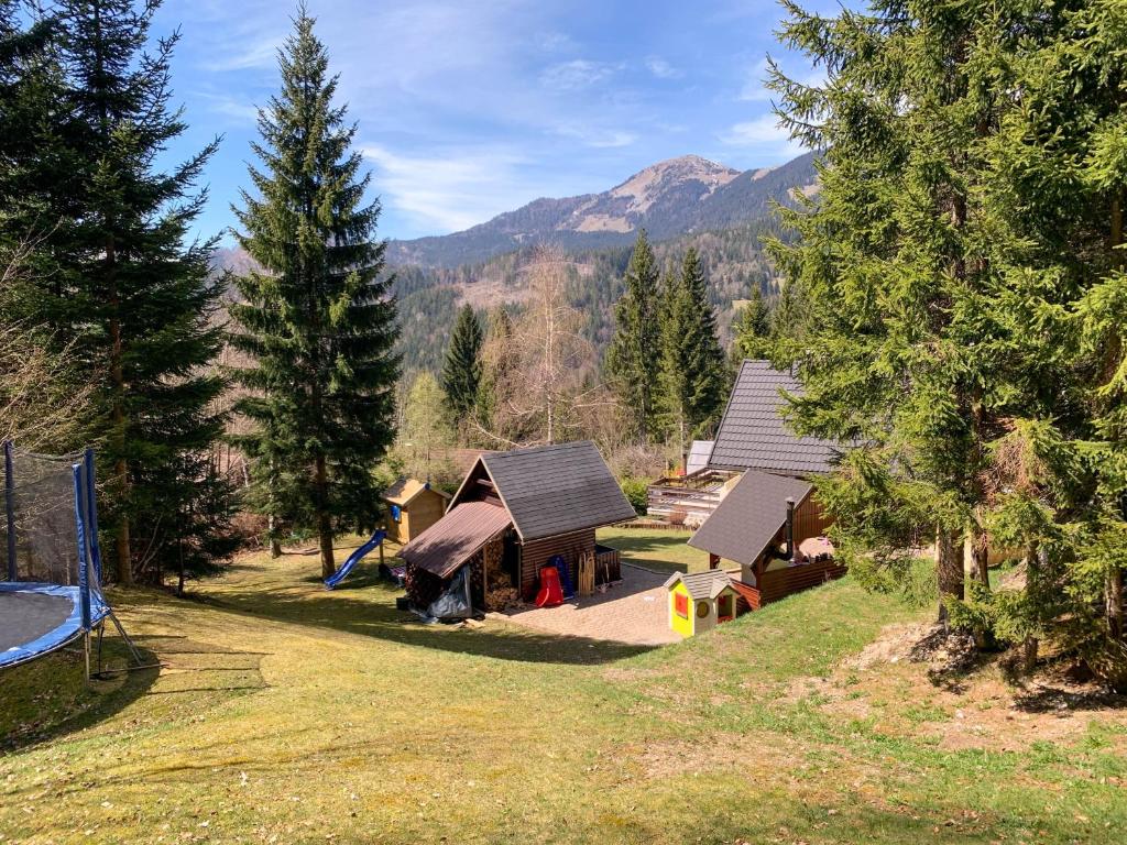 耶塞尼采Dwarfs cabin overlooking Julian Alps near Bled的享有带游乐场的建筑群的空中景致