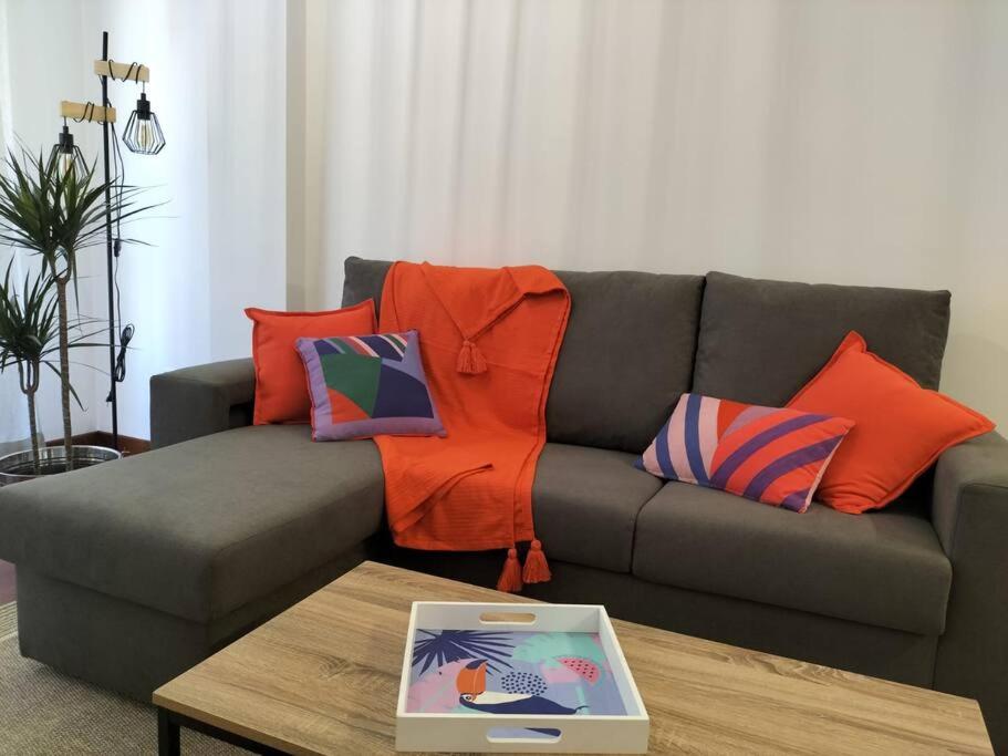 里贝拉Precioso apartamento renovado的客厅配有带色彩缤纷枕头的灰色沙发