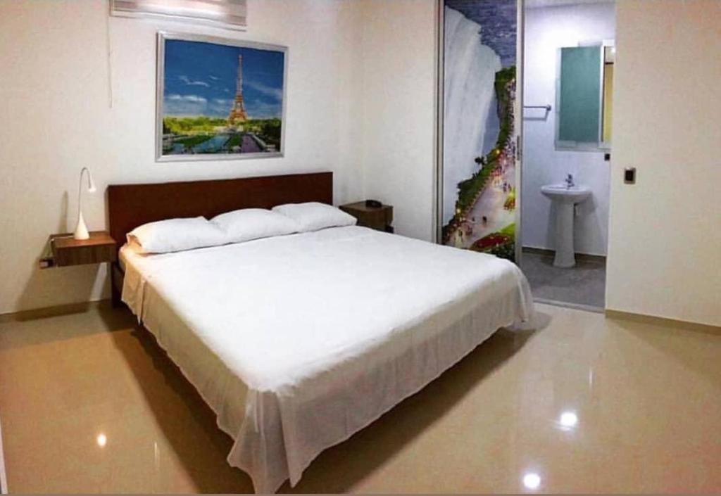 巴兰基亚Hotel Suites Caribe的卧室配有一张白色大床