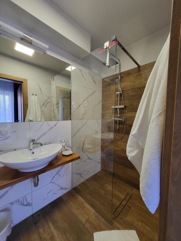 尤斯托尼莫斯基Apartamenty Julia APARTAMENTY OZONOWANE的一间带水槽和淋浴的浴室