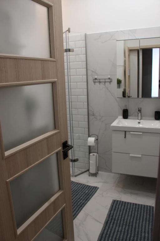 布达佩斯Larix apartman的带淋浴和盥洗盆的浴室
