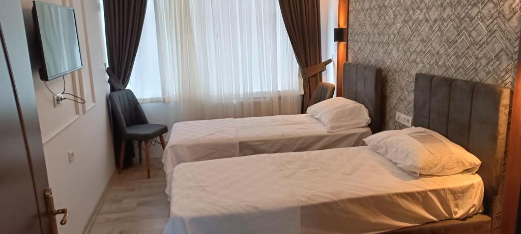 埃拉泽Ay Butik Otel的酒店客房设有两张床和电视。