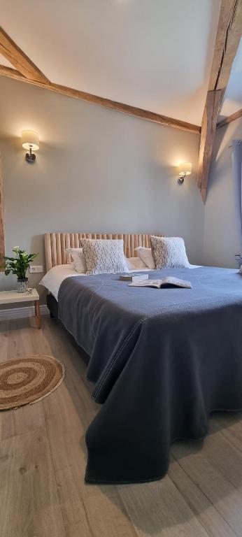 欧坦L'annexe du Moulin Renaudiots的一间卧室配有一张带蓝色毯子的大床