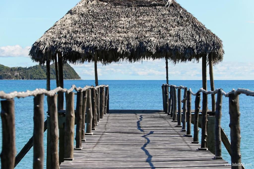 安迪拉纳Superbe villa avec ponton privé的一个带草伞和大海的木制码头