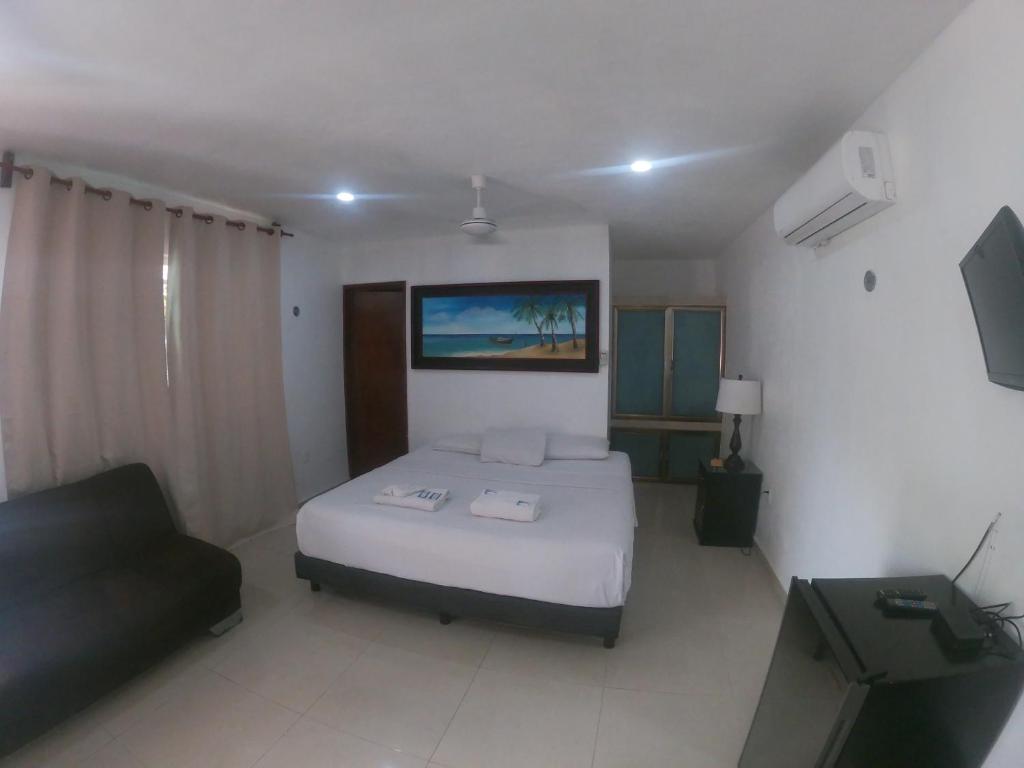 巴卡拉尔Villas Karalv的一间卧室配有一张床、一张沙发和一台电视