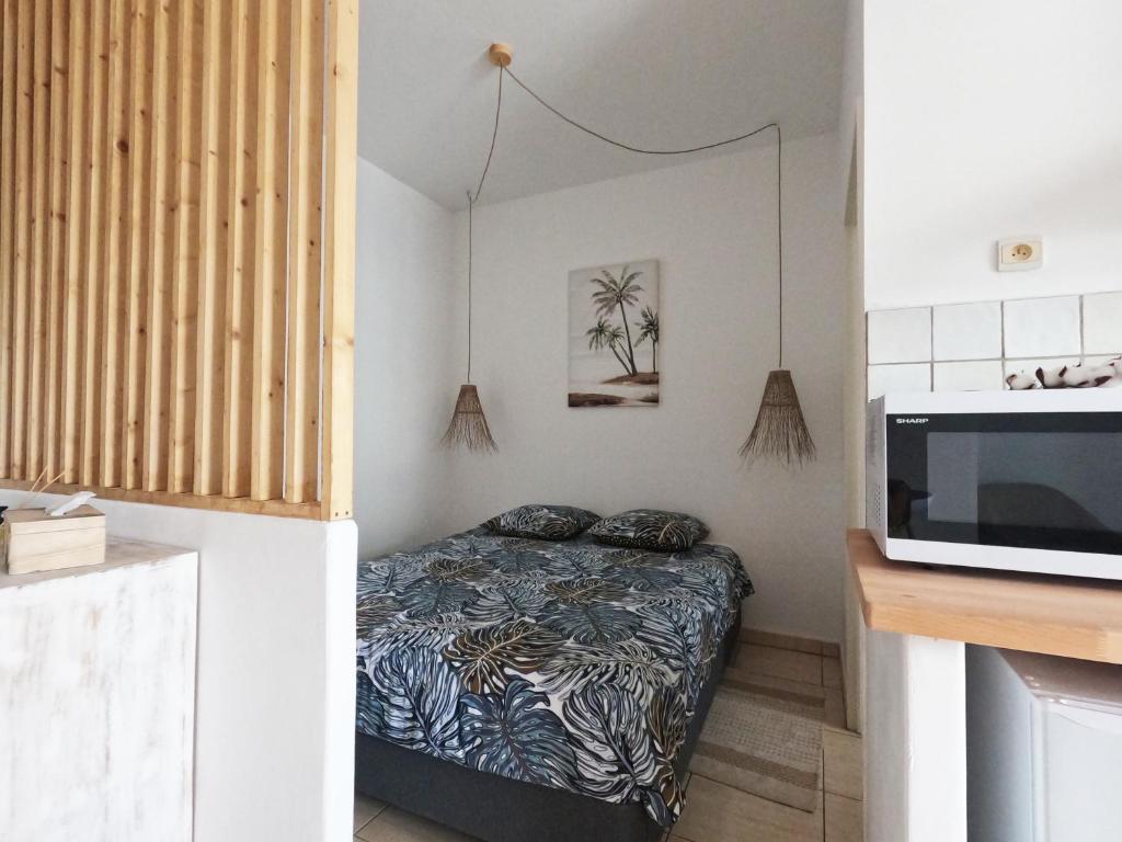 勒唐蓬Ti cocon的一间小卧室,配有一张床和一台微波炉