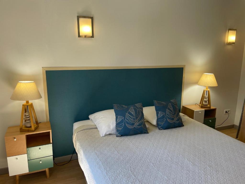 蒙法维Jolie petite maison Avignon - Montfavet的一间卧室配有一张带蓝色床头板的床和两盏灯。