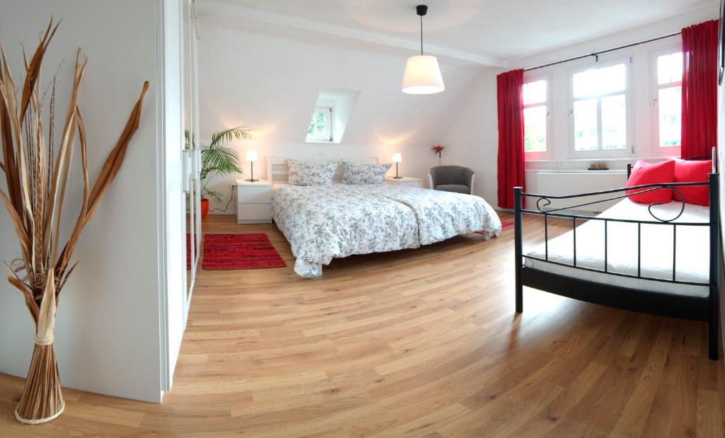 苏尔Appartement Stadtpartie的一间卧室配有一张床,铺有木地板