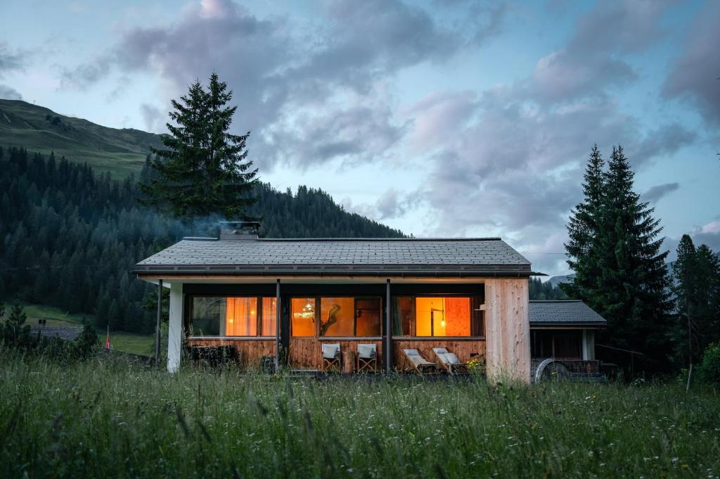 Davos WolfgangChalet Horn的田野上的小房子,带窗户