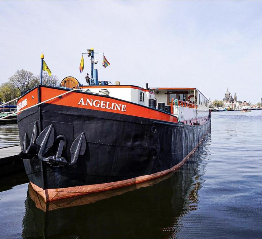 阿姆斯特丹Hotelboat Angeline的一艘大船停靠在水中