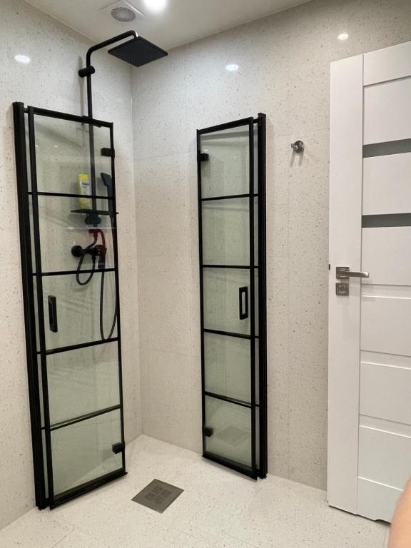 卢布林Apartment Targowa L9的镜子间的玻璃淋浴间