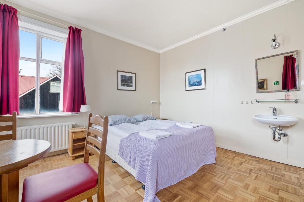 雷克雅未克乐法维格宝德斯巴旅馆的一间卧室配有一张床、一个水槽和一张桌子