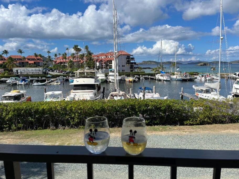 拿撒勒Sapphire Dream的两杯酒杯坐在栏杆上,俯瞰着码头