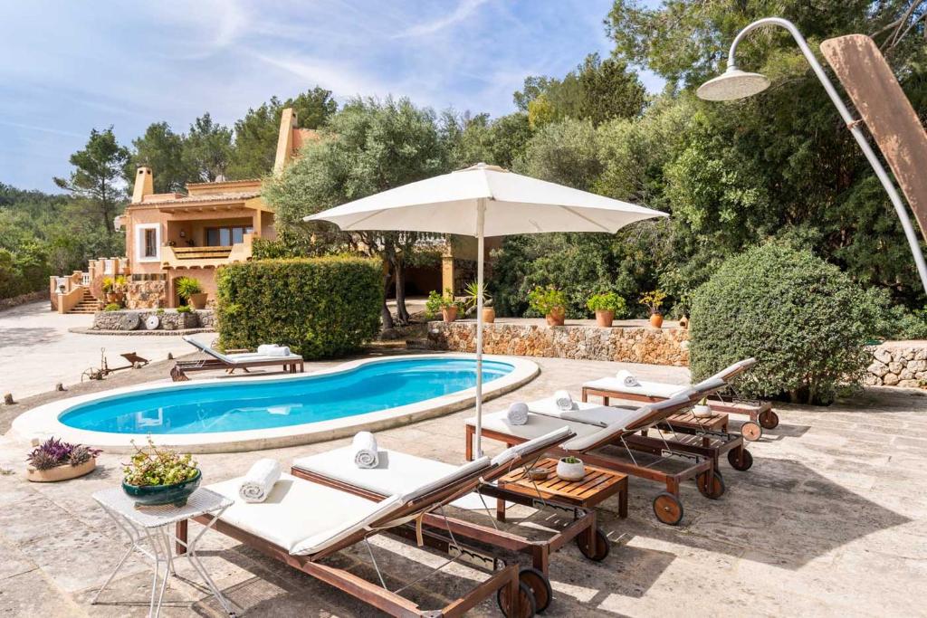 埃斯波尔莱斯Lovehaus Terra Rotja的房屋旁的游泳池配有椅子和遮阳伞