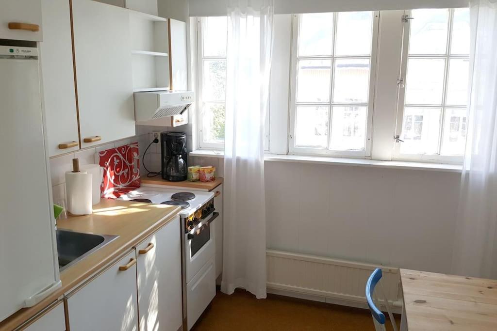 皮耶塔尔萨里Vindsvåning, stenkast från centrum的厨房配有白色橱柜、炉灶和窗户。