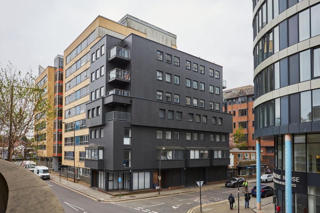 伦敦Kings Oak House by Viridian Apartments的城市街道上的黑色建筑,有建筑