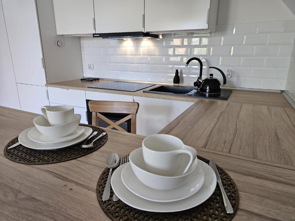 格但斯克Apartament w sercu Oliwy的厨房配有2个碗和盘子