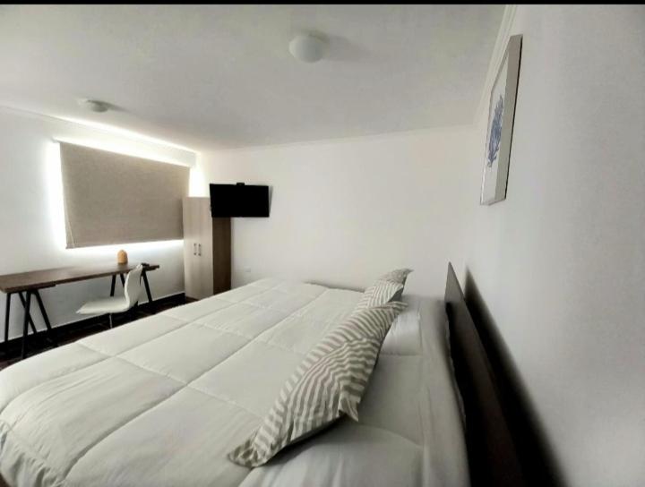 科皮亚波Hostal Tabancura的卧室配有一张白色大床和一张书桌