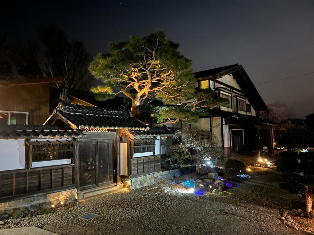 Matsukawa離れの宿　かぶろの庭的夜晚在房子前面有一棵树