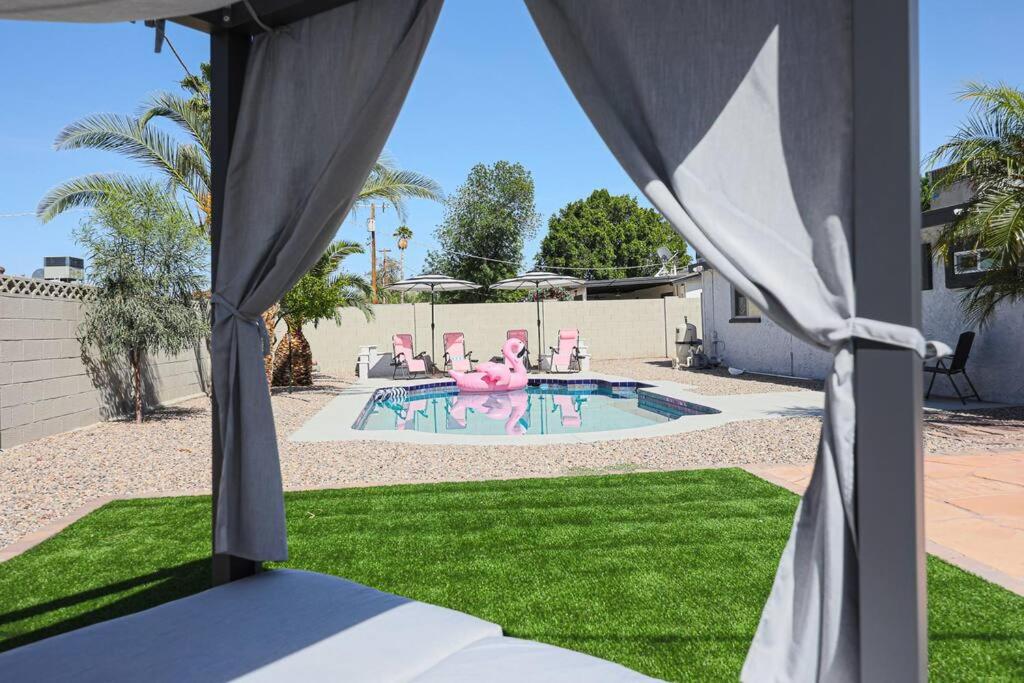 凤凰城Relaxing Oasis: Spacious 4BR House w/ Private Pool的享有庭院内游泳池的粉红色火烈鸟景致