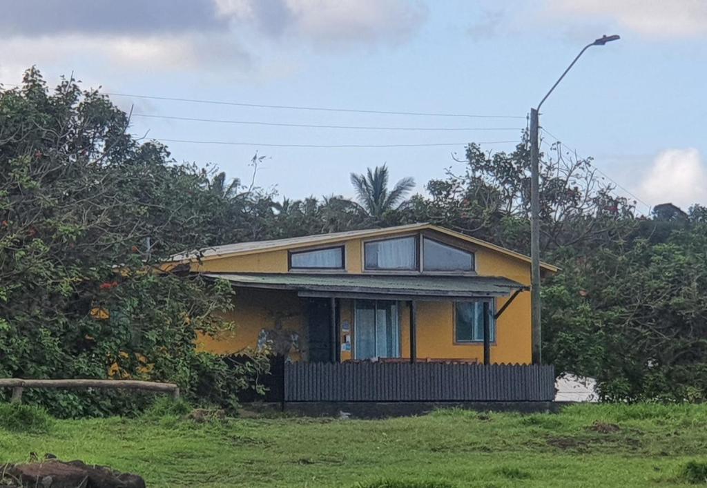 安加罗阿Cabañas puna poho的一座种有树木的山丘上的黄色房子