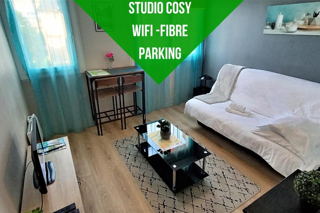塔布Le Debussy - studio - WIFI FIBRE- centre ville- parking的带沙发和咖啡桌的客厅
