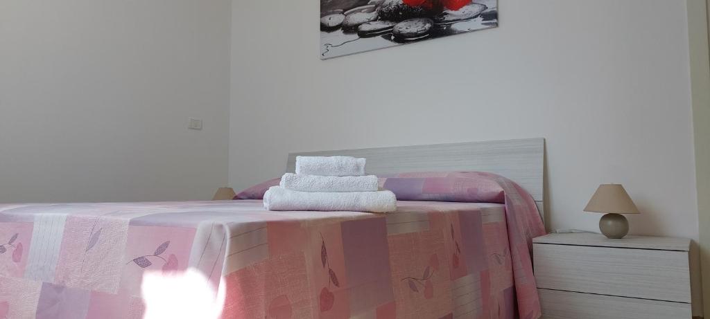 佩斯科勒海滨Lovely House risveglio fronte mare的一间卧室配有一张带粉色和白色毯子的床