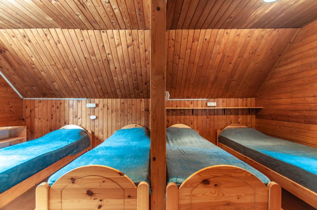 GoreljekMala koča Wooden Cabin的木墙桑拿房的两张床