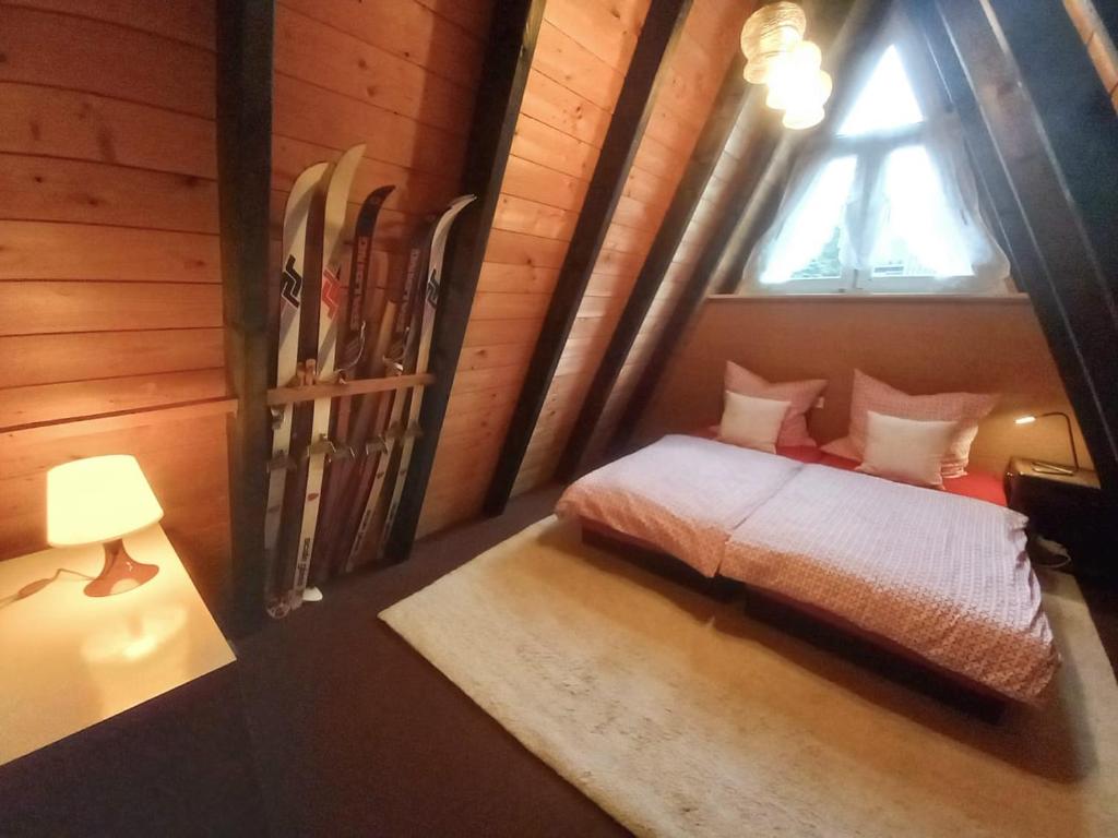 LichtenbergGemütliches Ferienhaus mit sonniger Terrasse Frankenwald nähe Badesee Smart-TV的一间卧室配有一张床和一个滑雪板窗口