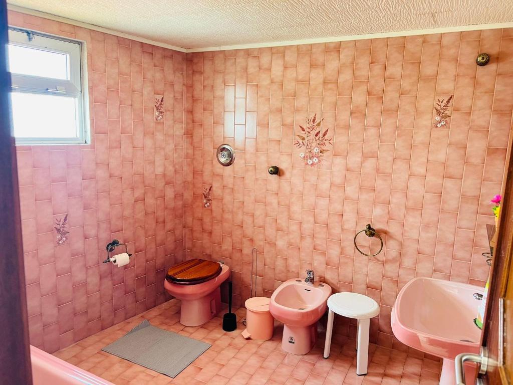 GiãoHOSTEL GOLDEN STAR的粉红色的浴室设有卫生间和水槽