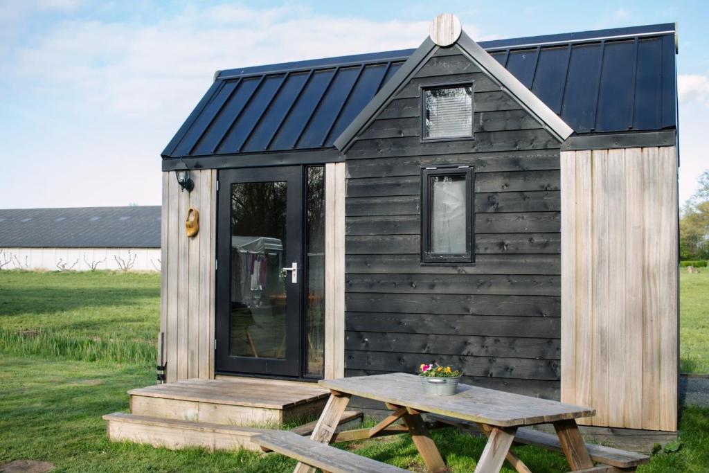 羊角村Tiny house Giethoorn的木屋,在田野上设有野餐桌