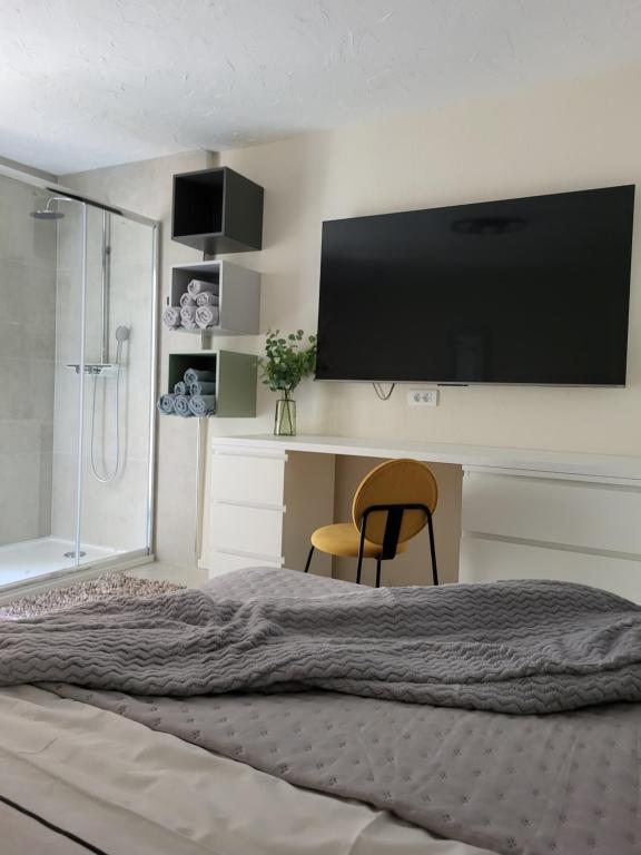 斯普利特Old Town Sedlar Apartment的一间卧室设有一张带平面电视的床。