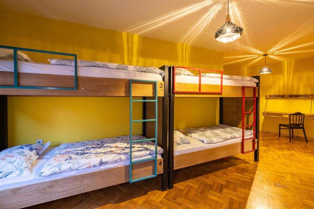 普里什蒂纳Hostel Prishtina Backpackers的黄色墙壁的客房内设有两张双层床。