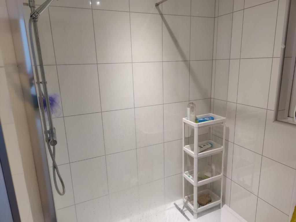 阿伯丁Room for rent的带淋浴的浴室和白色瓷砖墙壁