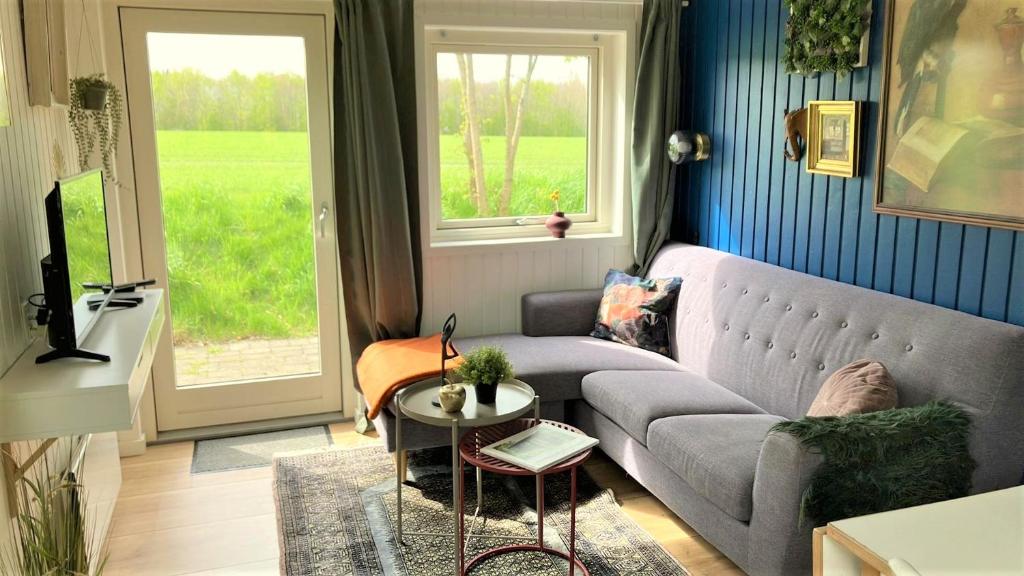 格雷诺Hytten - Tiny house的带沙发和窗户的客厅