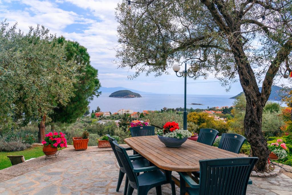 帕雷恩特西菲基昂Villa Elia Kavala - Mediterranean Holiday Villa的一张木桌和椅子,享有海景