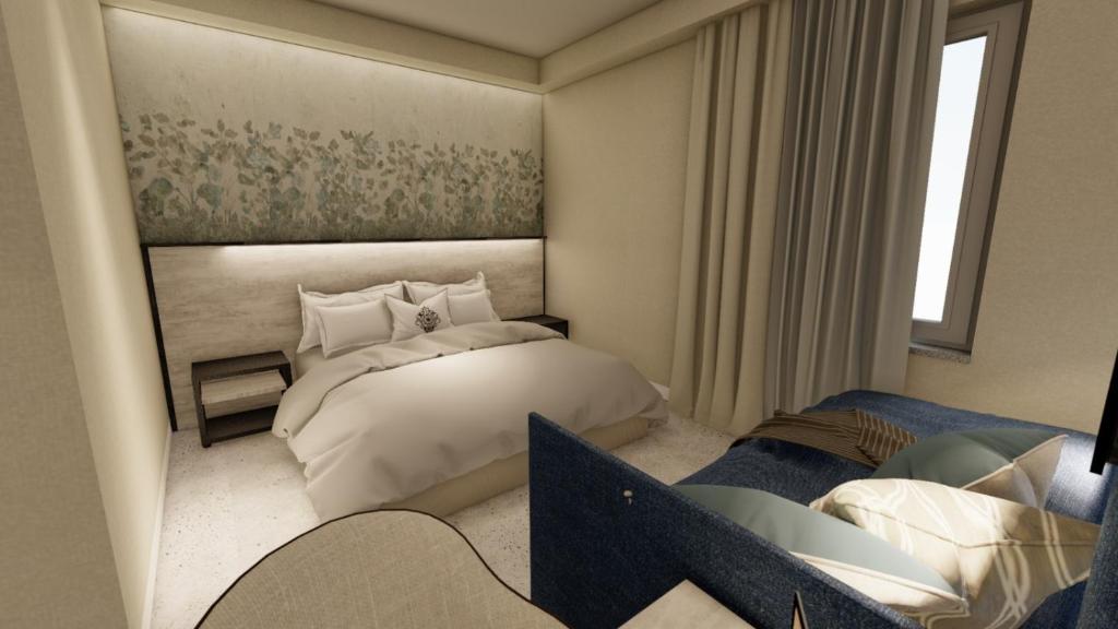科马基奥Hotel Paradiso的卧室的 ⁇ 染,卧室配有一张床和一个窗户