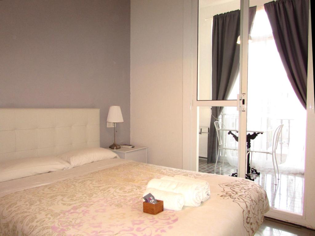 巴塞罗那塞尔丹雅旅馆的一间卧室配有一张带一盒毛巾的床