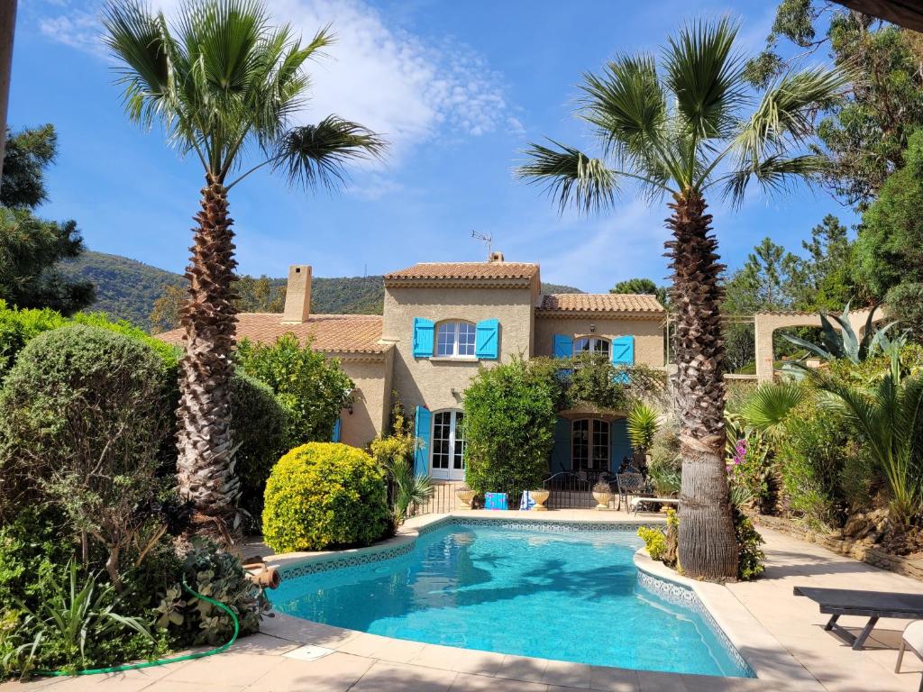 勒·雷约尔·卡纳德尔·苏尔Rayol Villa Saphir的一座带游泳池和棕榈树的房子