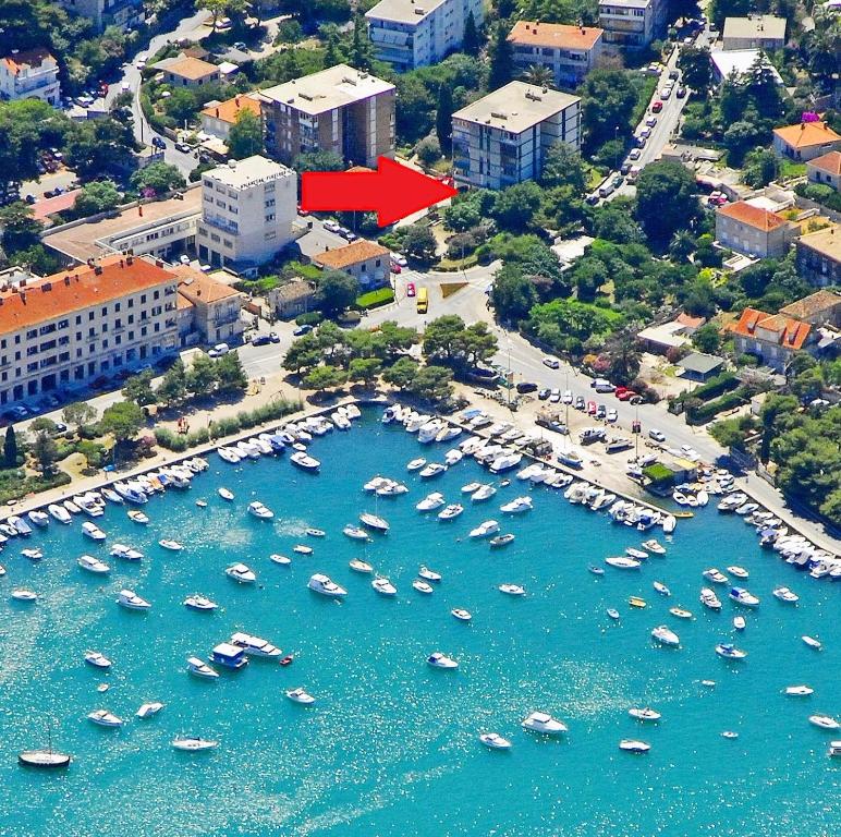 杜布罗夫尼克Batala1-City marina apartment with secured private parking的海港的空中景色,水中有船只
