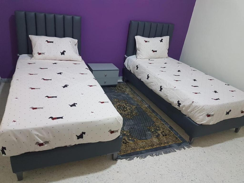 乌姆苏克Djerba La Douce的两张睡床彼此相邻,位于一个房间里