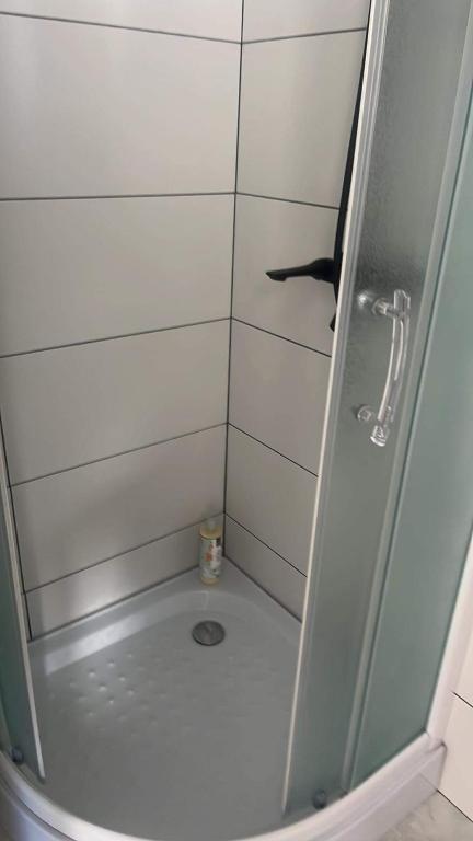 KalvarijaCentro apartamentai的带淋浴和玻璃门的浴室