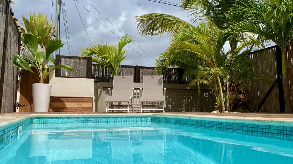 克拉伦代克Tala Lodge Bonaire的一个带两把草坪椅和树木的游泳池