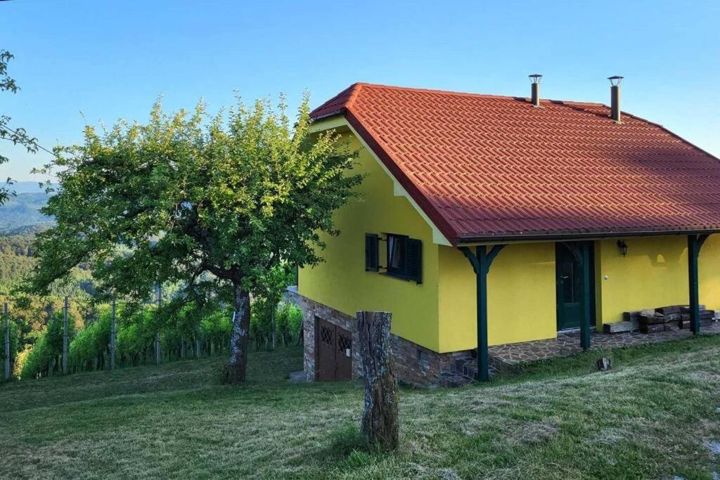 SenovoVikend hiša Vrhe的树旁的黄色房子,有红色屋顶